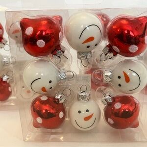 Three Boxes of Miniature Ornaments Shatter proof Snowman with Red and White